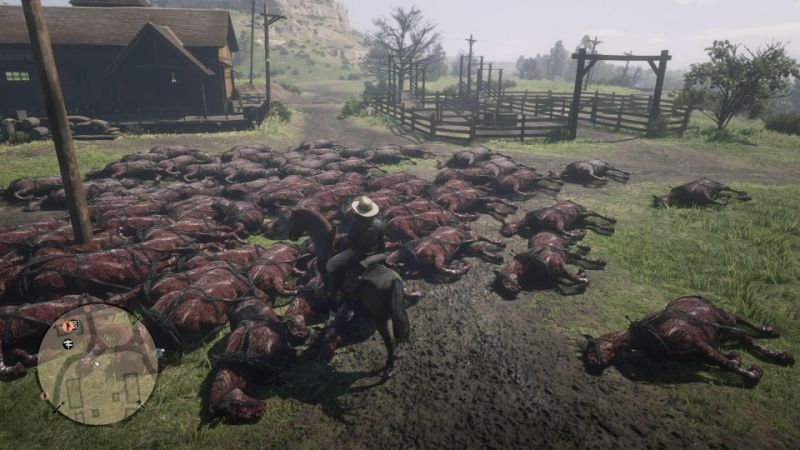 Illustration for article titled Un error temporal en Red Dead Online llenó el juego de enormes pilas de caballos muertos y quemados